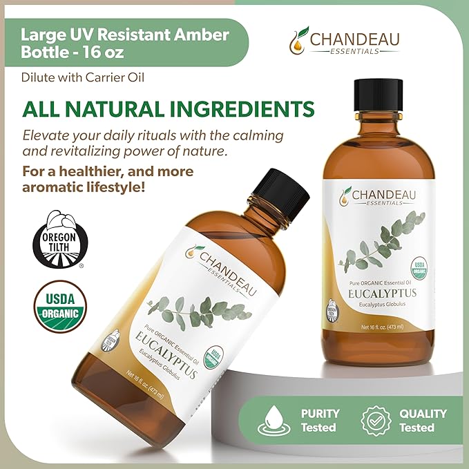 100% Pure Organic Essential Oil, Pure Eucalyptus Essential Oil for Aromatherapy, Soap Making, Candles, Laundry, Perfume, Cleaners or Diffusers - Large Amber Glass Bottle, 16 oz.