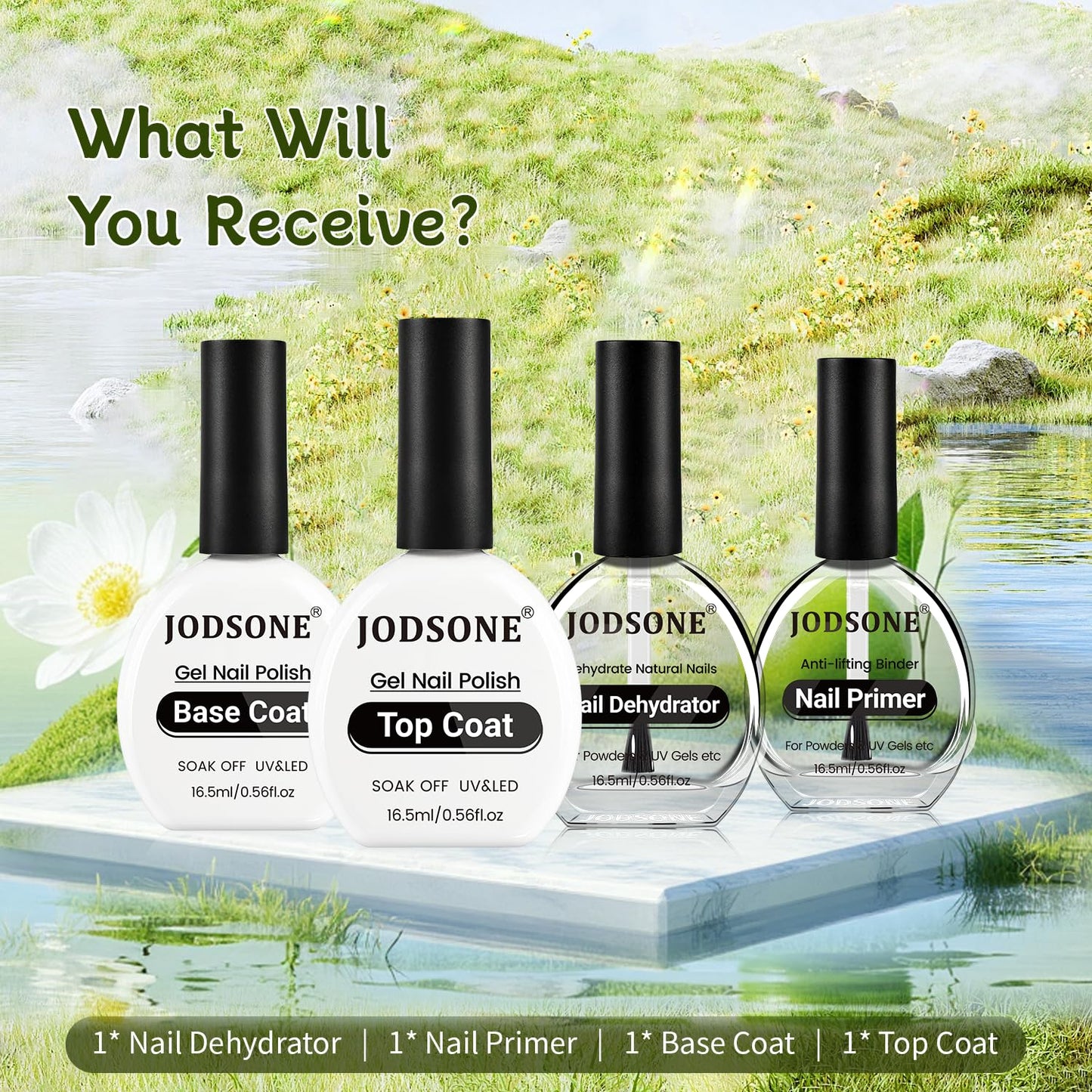 JODSONE 4Pcs Base Coat Top Coat Nail Primer Nail Dehydrator for Long Lasting Manicures Prep Protect and Perfect Your Nails 16.5ml Each Salon Quality Set