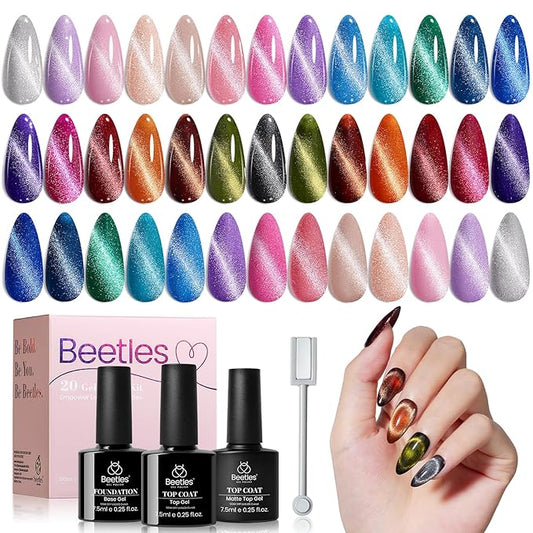 Beetles Cat Eye Gel Nail Polish Set - 20 Colors Nude Pink Green Blue Purple Brown Black Cat Eye Nail Polish Kit with Magnet Base Coat Glossy Matte Top Coat Soak Off UV Salon DIY Gift for Women