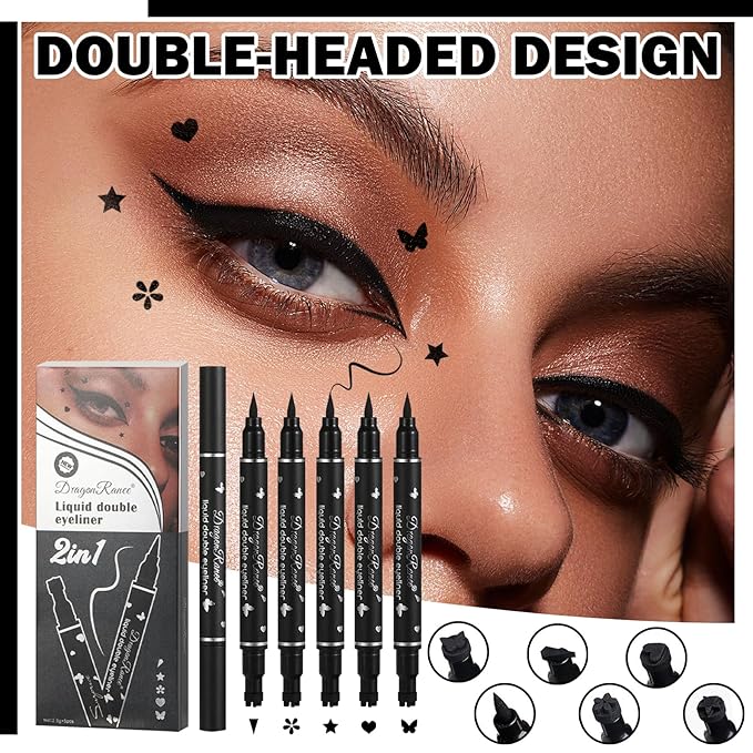 5PCS Black Liquid Eyeliner Stamps Set,Double-side Winged Eyeliner Stencil Pen,Waterproof Long Lasting Eye Liners Stamp Eyeliner Pencil Tattoo Makeup Tools with Heart,Flower,Star,Butterfly,Cone Shapes