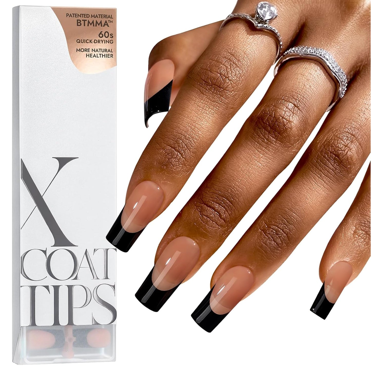 BTArtboxnails XCOATTIPS French Tip Nails - Long Press on Nails, Square Nail Tips Black, French Tip Press on Nails, Soft Gel False Nail Tips, Soak Off Acrylic Fake Nails