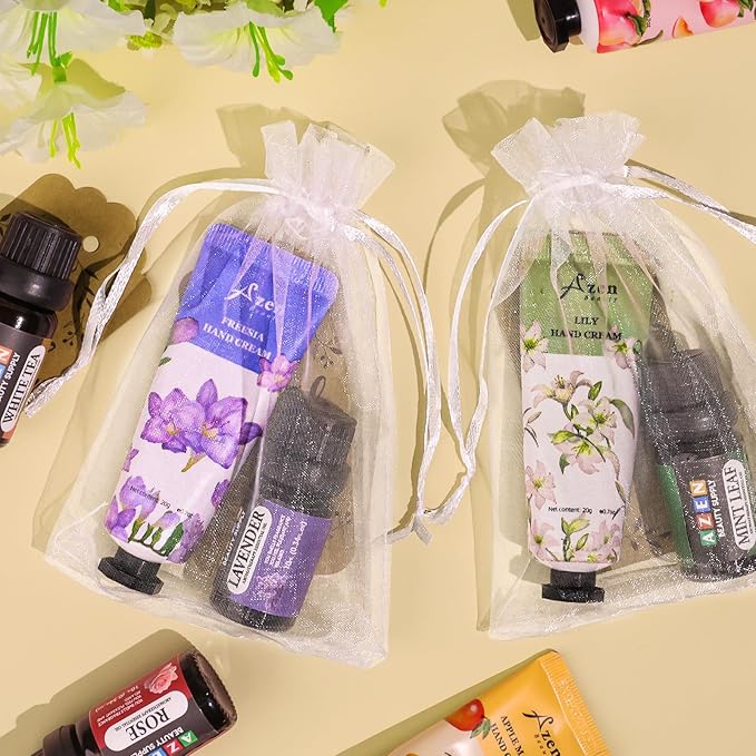 AZEN 60 Sets Bulk Gifts, Hand Cream and Essential Oils Bulk Set with Organza Bag Thank You Card, Baby Shower Wedding Gifts for Guests, Bridal Wedding Favors for Guests,Thank You Gifts for Women