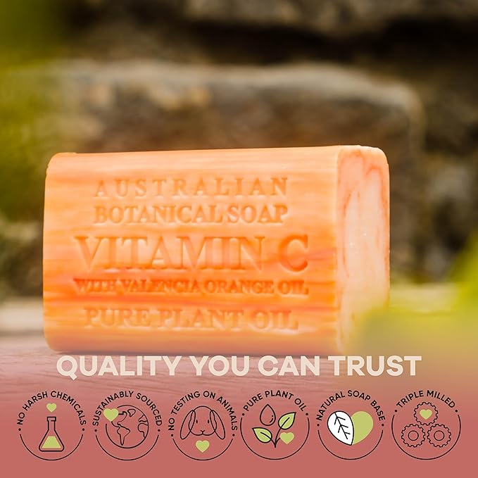 Australian Botanical Soap, 6.6 OZ, Vitamin C and Valencia Orange, Triple Milled Bars made with a Natural Soap Base and Enriched with Organic Shea Butter, Pack of 8