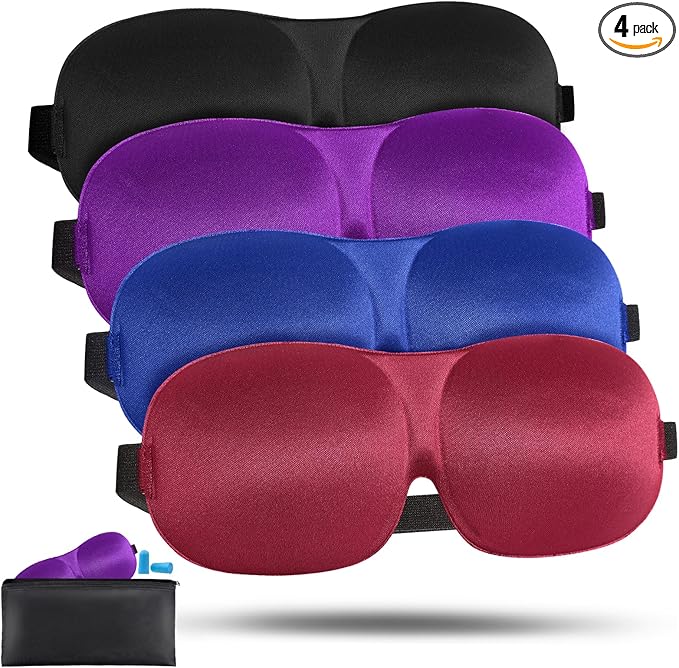 4 Pack Sleep Mask for Women and Men Adjustable Blackout 3D Eye Masks for Sleep, Blindfold with Storage Bag and Earplug for Travel Nap and Night (Black, Purple, Blue, Red)