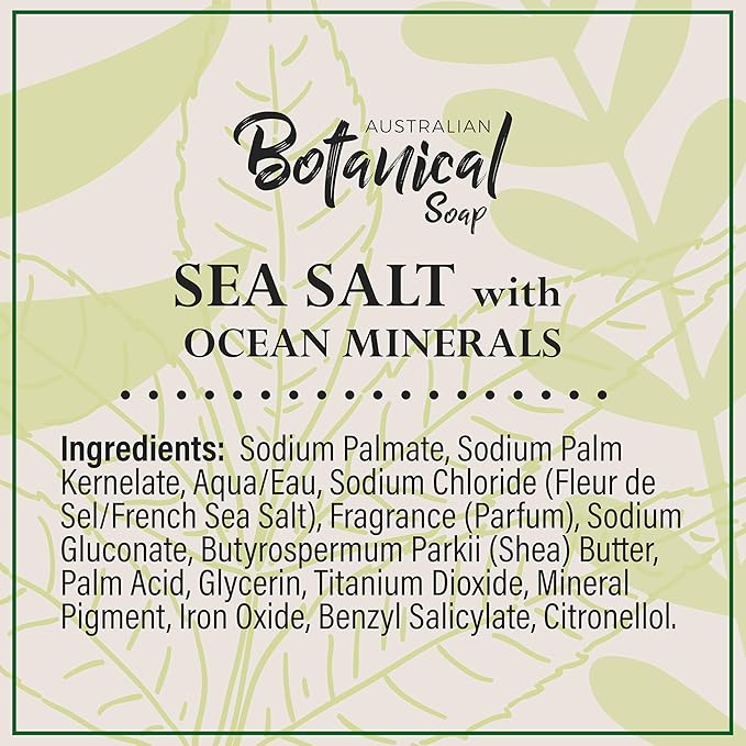 Australian Botanical Soap, 6.6 OZ, Sea Salt and Ocean Minerals, Triple Milled Bars made with a Natural Soap Base and Enriched with Organic Shea Butter, Pack of 8