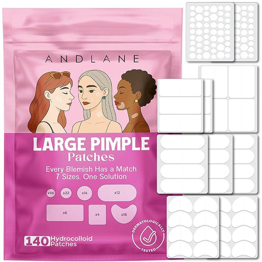 140 pcs Large Pimple Patches for Face – 7 Sizes XL Acne Patches for Full Face, Big Hydrocolloid Bandages for Body, Chin, Forehead, Chest & Back Hydrocolloid Patch (Round, Crescent, Oval & Rectangular)