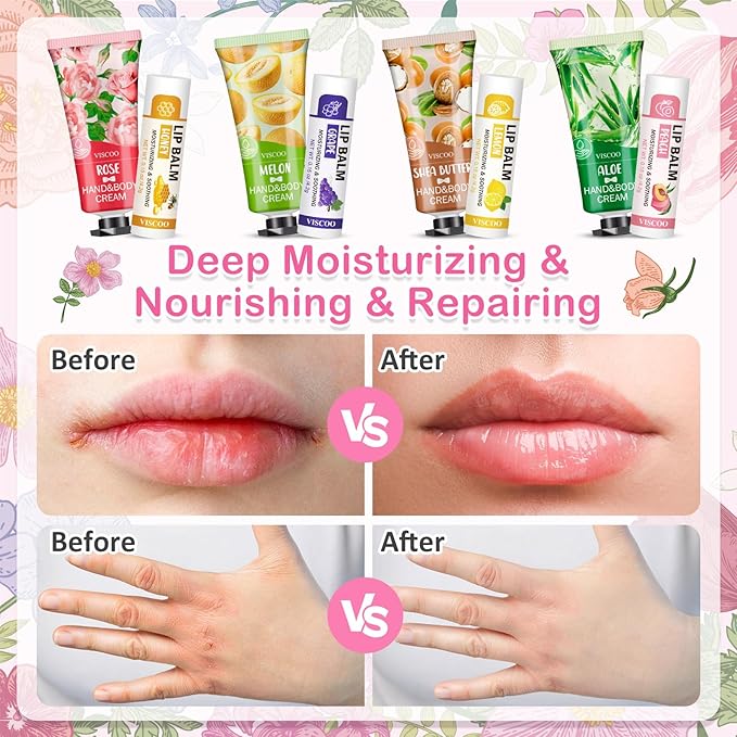 16 Pack / 8 Sets Bulk Lip Balm and Hand Cream Gift Set, Bridal Shower Gifts and Bridal Wedding Favors for Guests, Baby Shower Party Favors for Guests, Thank You Gifts, Birthday Gifts for Women