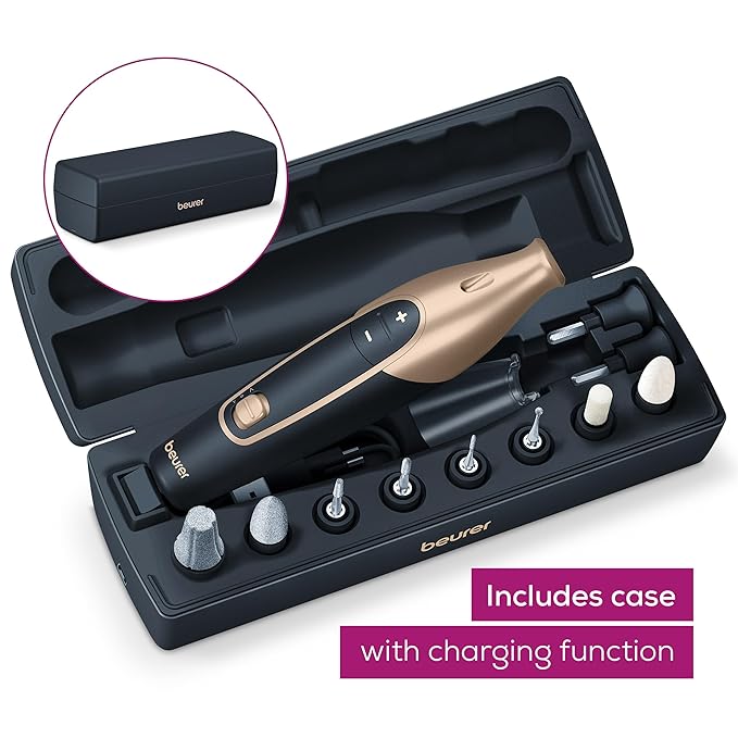 Beurer MP84BLK Nail Pro Deluxe - 14-Piece Professional Manicure & Pedicure Nail Drill Kit, Cordless, Rechargeable Electric Nail File with Attachments, LED Light, USB-c Charging & Storage Case