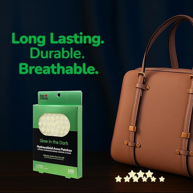 BioSwiss Pimple Patches, Glow in the Dark Patch for Zits and Blemishes, Hydrocolloid Spot Stickers for Face and Skin, 100 Count