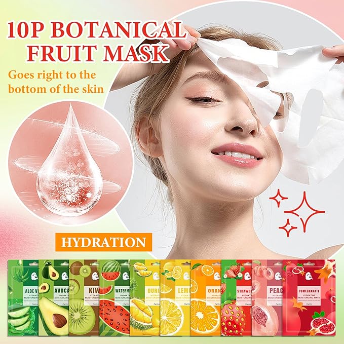 10 Pack Variety Facial Sheet Masks Skin Care Set, Hydrating Bulk Sheet Face Masks Skincare Gifts Set for Women Men, Long Lasting Moisturizing Face Mask Skincare for All Skin Type（A6)