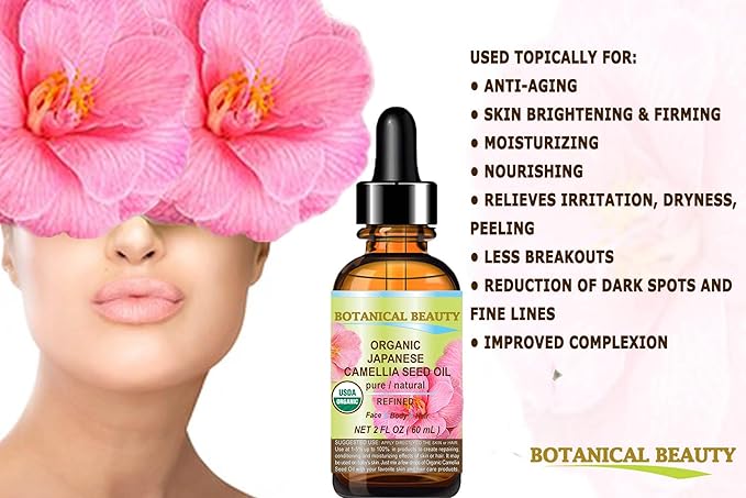 Botanical Beauty Japanese ORGANIC CAMELLIA Seed Oil. 100% Pure Natural Undiluted Refined Cold Pressed Carrier Oil to revitalize and rejuvenate the hair, skin and nails. 2 Fl. oz 60 ml