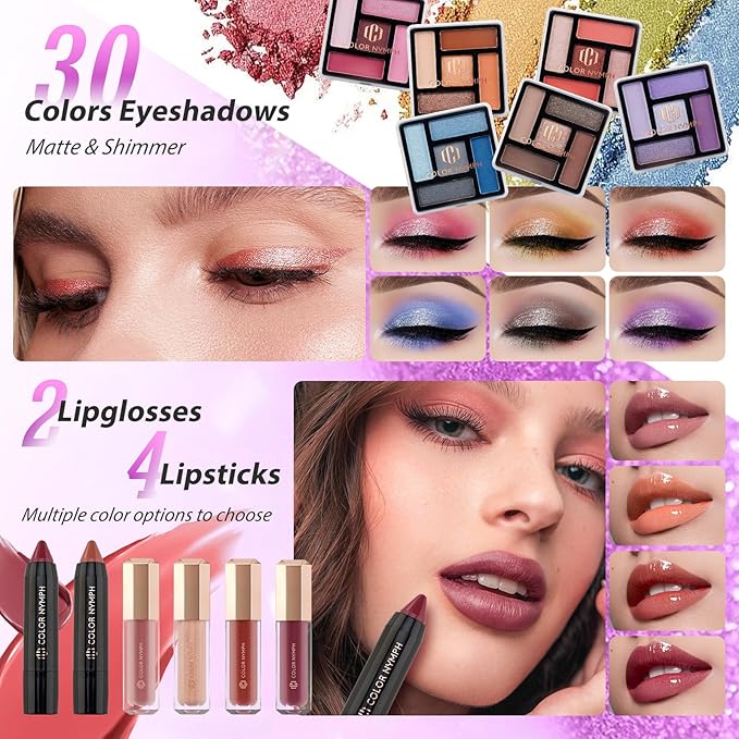 Color Nymph Girls Makeup Kits for Teen, Beginner Makeup Kit For Girls Non Toxic Makeup Set w/Train Case 24pcs Cosmetics Eyeshadow Lipstick Lipgloss Blush Mascara Eyeliner For Tweens Girl/Lady