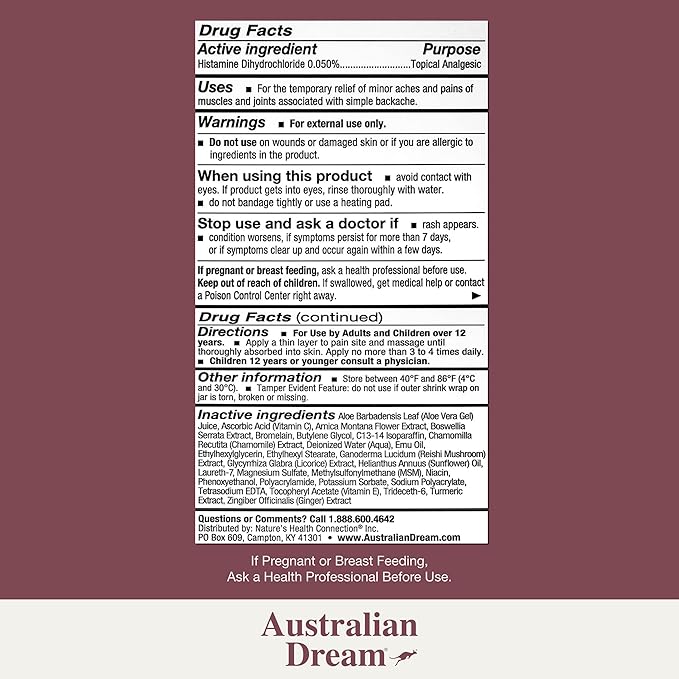 Australian Dream Back Pain Cream - Soothing, Non-Greasy Muscle Pain Relief Cream - Good for Neck, Back, Body, or Muscle Aches - 2 oz Jar