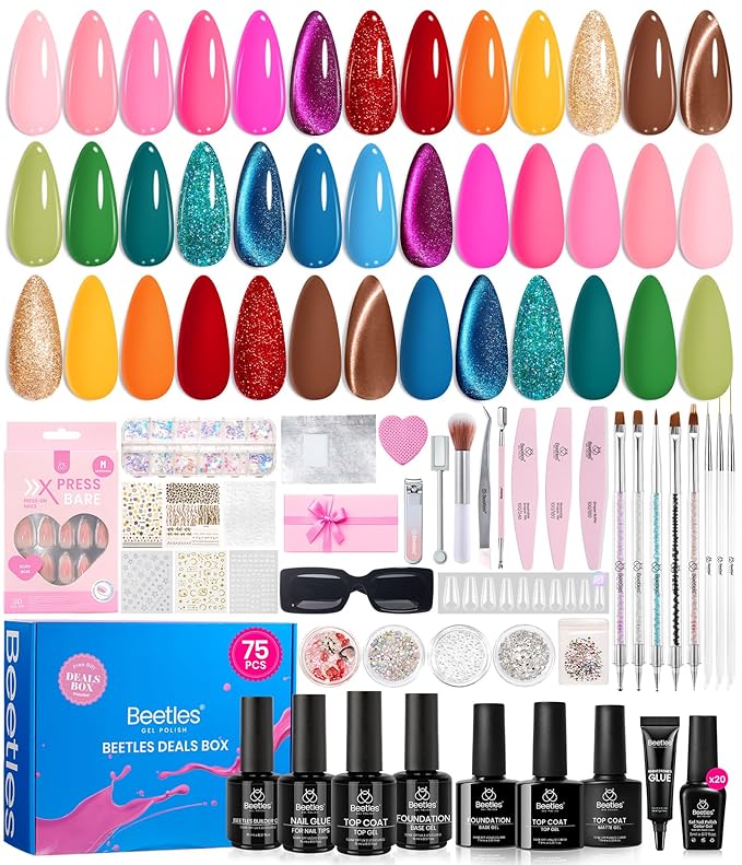 Beetles Fall Gel Nail Polish Set - Gift Box Wandering Peace Collection 20 Colors Gel Polish Kit 75 PCS Blue Red Black Purple Glitter Cat Eye Glitter Glossy Matte Top Coat Halloween Gifts for Women