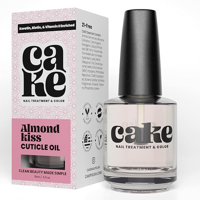 CAKE Almond Kiss Cuticle Oil - Fortified Cuticle & Nail Treatment with Biotin, Keratin, Vitamin E, and Aromatic Almond for Full Salon Spa Experience, .05 fl oz., CAKE Nail Treatment & Color