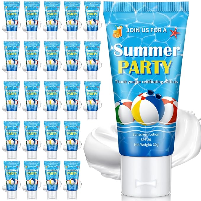 24 Pcs Mini Sunscreen Bulk for Summer Wedding Party Spf 30 Water Resistant Sunscreen Lotion Bulk 1oz Travel Size for Thank You Gifts Wedding Party Supplies(White Cream,Beach Ball)