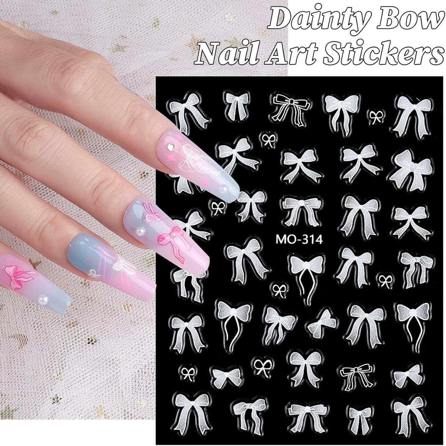 Bow Nail Art Stickers 3 Sheets 5D Embossed Self Adhesive Nail Decals Pink White Bow Nail Stickers Cute Elegant Lace Design Nail Art Supplies for Women DIY Manicure Decorations