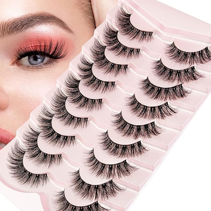 Cat Eye Mink Lashes Fluffy Eye Lashes Natural Look, Yasnai Wispy False Eyelashes Volume Thick Lashes Fake Lashes Natural Eyelashes 9 Pairs Pack 3D Faux Mink Eyelash