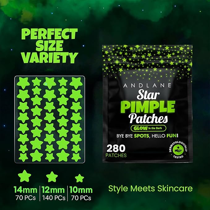 Andlane 280Pcs Star Pimple Patches for Face - Pimple Patches Cute Stars - Hydrocolloid, Salicylic Acid, Tea Tree Oil, Centella - Glow in the Dark, 3 Sizes Zit Stickers