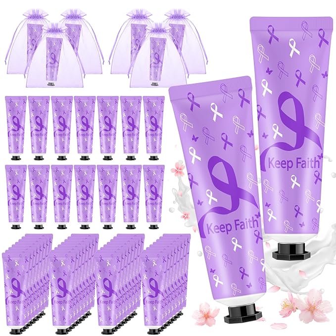 48 Sets Purple Ribbon Domestic Violence Alzheimers Pancreatic Cancer Epilepsy Awareness Hand Cream Gifts Bulk Baby Shower Hand Cream Travel Size Lotion Bulk Party Supplies Favors