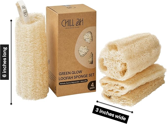 Chill Ah Green Glow Loofah Sponge Set – 100% Plant-Based, Dye-Free, Biodegradable, Scratch-Free, Handcrafted in Vietnam (2-Pack)
