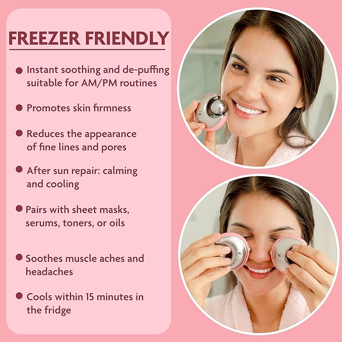 Cryo-Infused Ice Roller for Face Women Pack of 2 - Ergonomic Facial Ice Roller for Eyes, Cheeks, Nose, Mouth, Neck - Travel Freezer Face Depuffer Massager - Skincare Beauty Ice Globes for Face