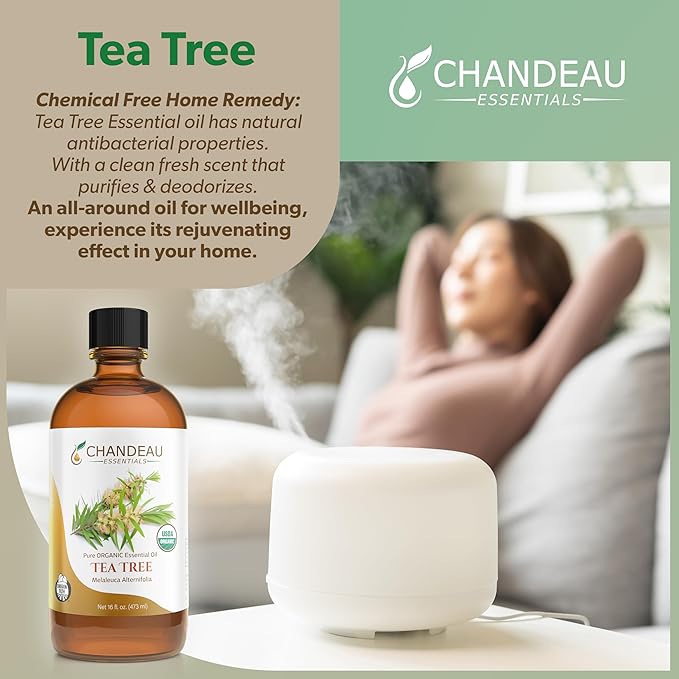 100% Pure Organic Essential Oil, Pure Tea Tree Essential Oil for Aromatherapy, Soap Making, Candles, Laundry, Perfume, Cleaners or Diffusers - Large Amber Glass Bottle, 16 oz.