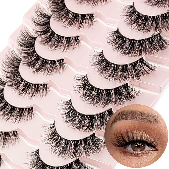 Cat Eye Mink Lashes Fluffy Eye Lashes Natural Look, Yasnai Wispy False Eyelashes Volume Thick Lashes Fake Lashes Natural Eyelashes 9 Pairs Pack 3D Faux Mink Eyelash