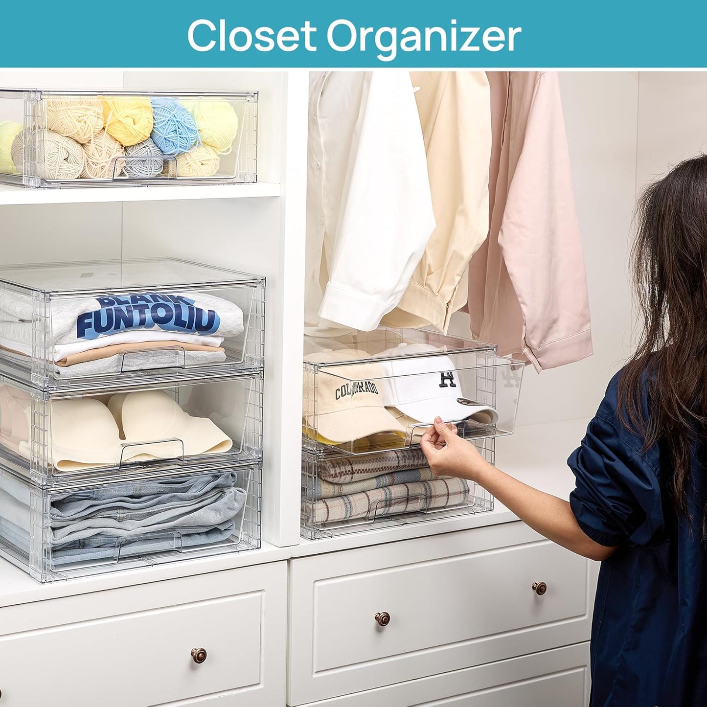 Vtopmart 4 Pack Large Stackable Storage Drawers,Easily Assemble Acrylic Bathroom Closet Undersink Organizers and Storage,Plastic Storage Bins for Kitchen Cabinets,Pantry,Makeup,Medicine Organization