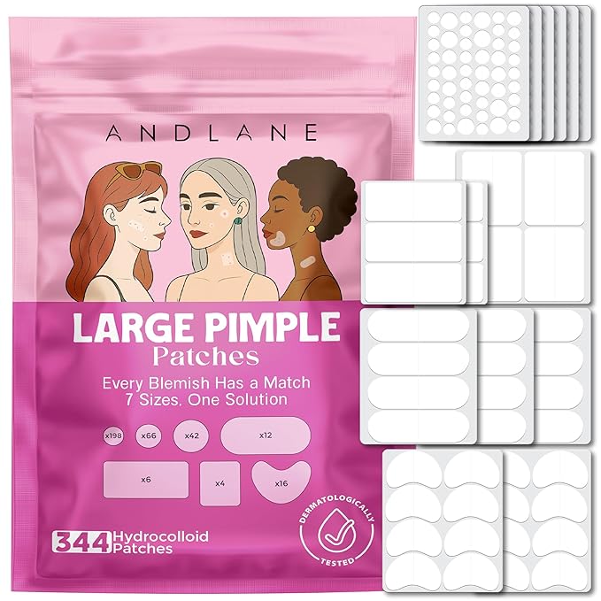 344 Pcs Large Pimple Patches for Face – 7 Sizes XL Acne Patches for Full Face, Big Hydrocolloid Bandages for Body, Chin, Forehead, Chest & Back Hydrocolloid Patch (Round, Crescent, Oval & Rectangular)