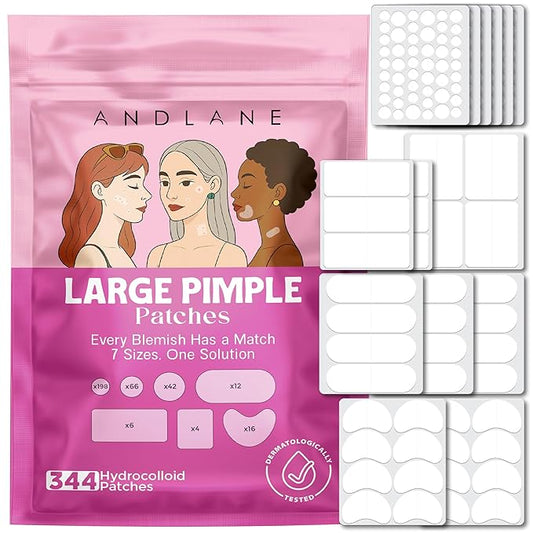 344 Pcs Large Pimple Patches for Face – 7 Sizes XL Acne Patches for Full Face, Big Hydrocolloid Bandages for Body, Chin, Forehead, Chest & Back Hydrocolloid Patch (Round, Crescent, Oval & Rectangular)