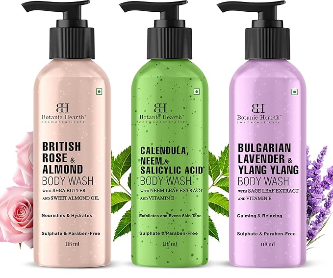 Botanic Hearth Relax And Renew Shower Set | Pack Of 3 Of Body Wash (British Rose,Lavender, Calendula Neem) 2 Fl Oz Each