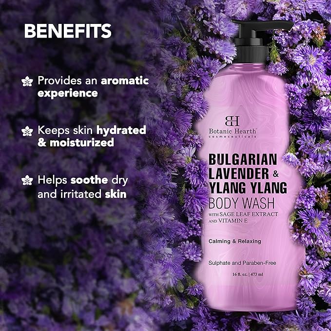 Botanic Hearth Bulgarian Lavender & Ylang Ylang Body Wash | Shower Gel | 16 Fl Oz With Vitamin E, Sage Leaf Extracts | Calming & Relaxing | Sulphate & Paraben Free
