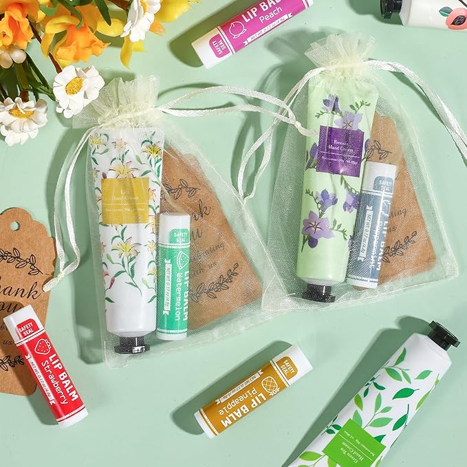 AZEN 60 Sets Bulk Gifts, Hand Cream and Lip Balm Bulk Set with Organza Bag Thank You Card, Baby Shower Wedding Gifts for Guests, Bridal Wedding Favors for Guests,Thank You Gifts for Women