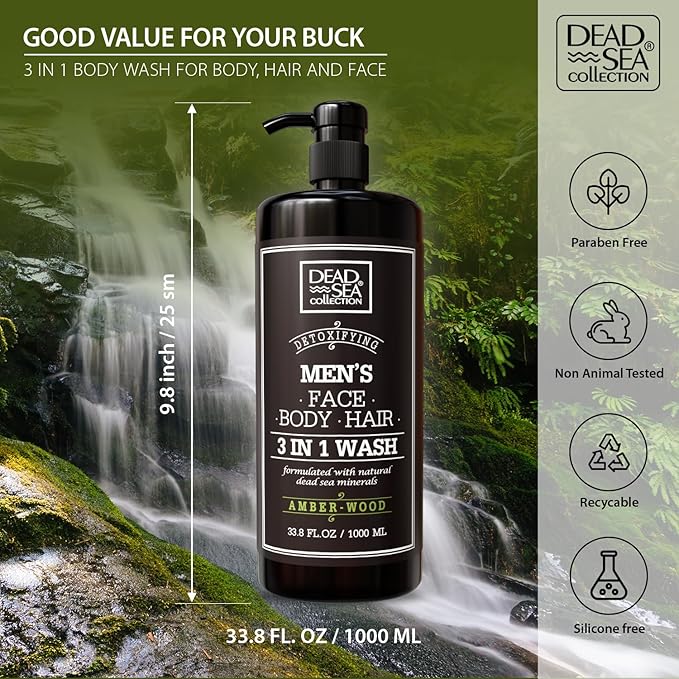 Dead Sea Collection Mens Body Wash 3 in 1 – Amber Wood Body Wash for Men – Shower Gel – Shampoo – Shower Soap for Face and Hair (33.8 Fl. Oz)