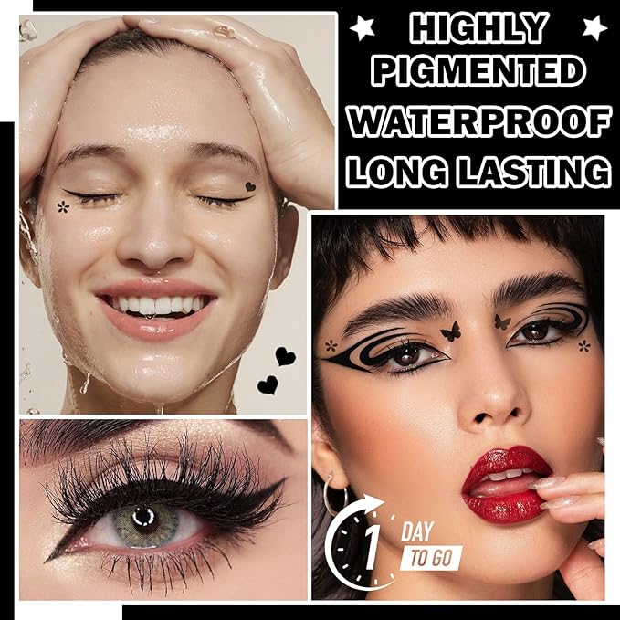 5PCS Black Liquid Eyeliner Stamps Set,Double-side Winged Eyeliner Stencil Pen,Waterproof Long Lasting Eye Liners Stamp Eyeliner Pencil Tattoo Makeup Tools with Heart,Flower,Star,Butterfly,Cone Shapes