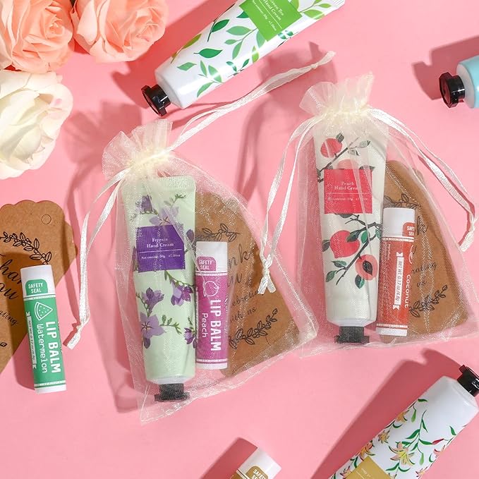 AZEN 60 Sets Bulk Gifts, Hand Cream and Lip Balm Bulk Set with Organza Bag Thank You Card, Baby Shower Wedding Gifts for Guests, Bridal Wedding Favors for Guests,Thank You Gifts for Women