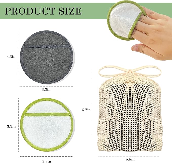 Chloven Reusable Cotton Rounds 16 Pack - Machine Washable Bamboo Charcoal Makeup Remover Pads for Face, Bamboo Terry Face Wipes Reusable Makeup Pads with Laundry Bag