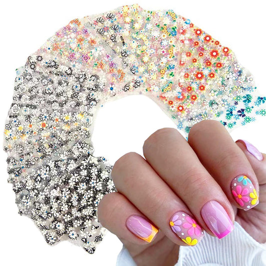 30 Sheets 3D Self-Adhesive Flower Nail Stickers - Black, White, Colorful Cherry Blossoms, Daisy Art for Gel Nails - Spring Design Supplies, DIY Charms Decoration for Women