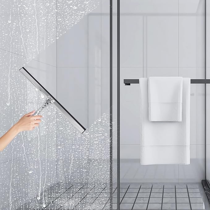 10 inch Shower Squeegee with 2 Hooks & Mini Scraper, Stainless Steel Glass Squeegee with Non-Slip Hammered Handle, Silicone Bathroom Wiper for Mirror, Tile, Window Cleaning Accessories