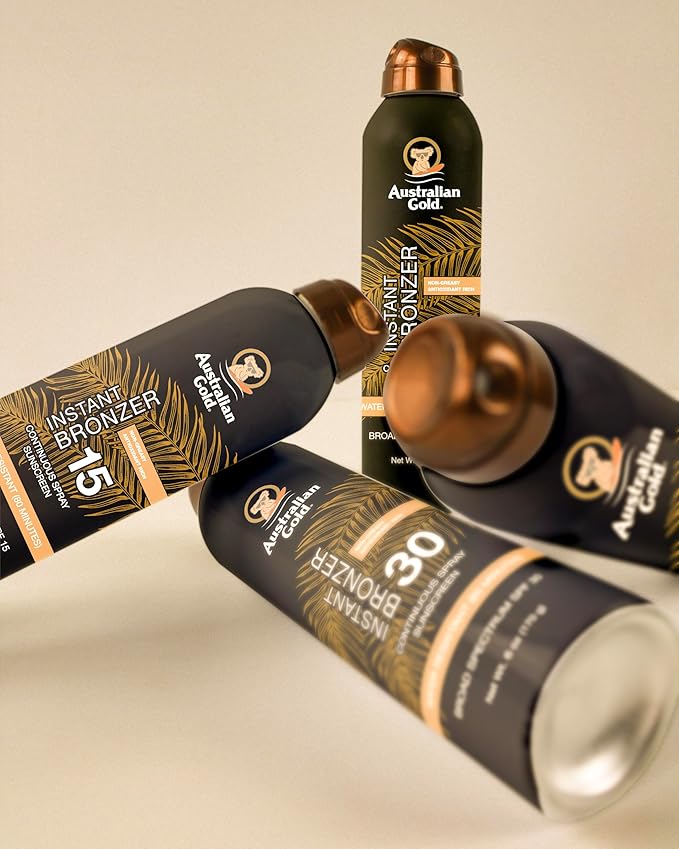 Australian Gold Continuous Spray Sunscreen with Instant Bronzer SPF 15, Immediate Glow & Dries Fast, Broad Spectrum, Water Resistant, Non-Greasy, Oxybenzone Free, Cruelty Free, 6 Ounce