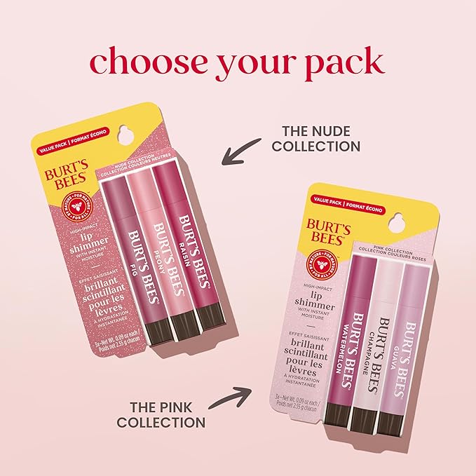 Burt's Bees Lip Shimmer Pink Collection, Tinted Lip Balm Stick, Moisturizing for All Day Hydration with Natural Glowy Pigmented Finish & Buildable Color, 3 Shades; Value Pack, 3 Tubes x 0.09 Oz
