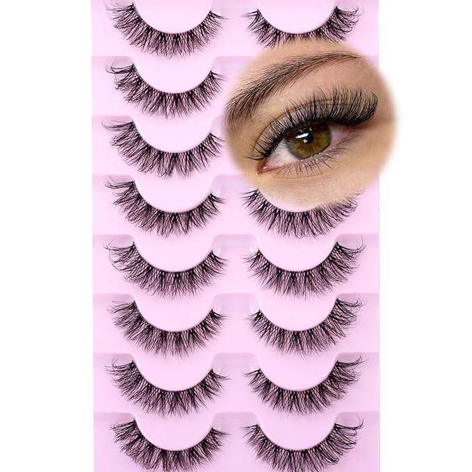 Cat Eye Lashes False Eyelashes Clear Band Natural Look Fluffy Faux Mink Lashes Wispy Soft Eyelashes Lightweight Handmade D Curl 8 Pairs Pack Eyelashes by GVEFETIEE