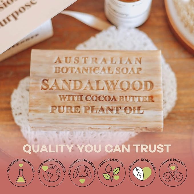 Australian Botanical Soap, 6.6 OZ, Sandalwood and Cocoa Butter, Triple Milled Bars made with a Natural Soap Base and Enriched with Organic Shea Butter, Pack of 8