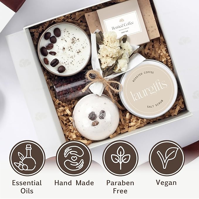 Coffee Spa Gift Baskets for Women – Scented Self Care Shower Essential - Elegant Kit for Mom, Wife, Sister, Friend - Body Bath Set - Aromatic Box for Occasions - Home Spa-Inspired