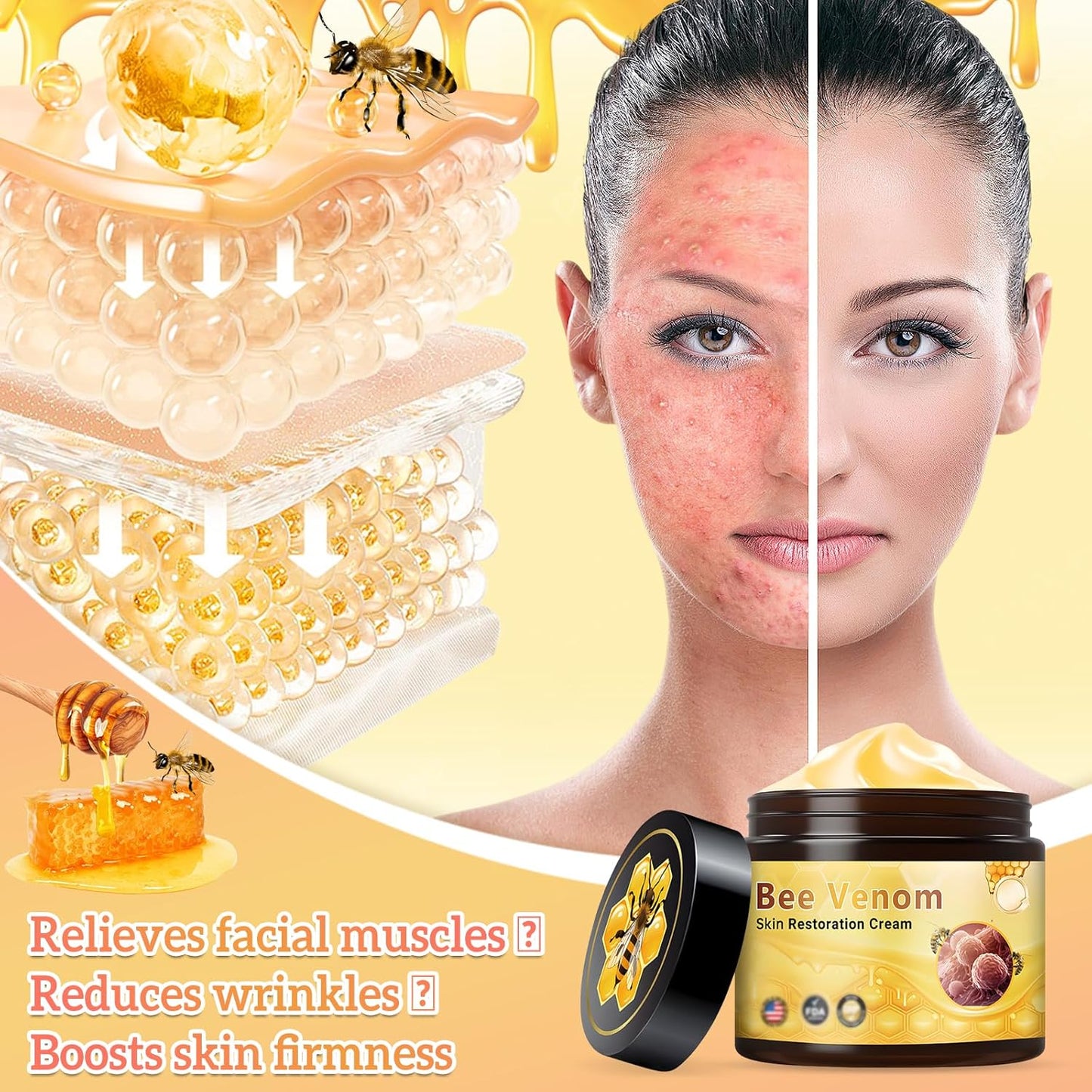 2Pcs Bee Venom Skin Restoration Cream, Professional Bee Venom Comprehensive Skin Treatment Cream, for Firming, Wrinkle Reduction & Moisturizing, Natural Serum for All Skin Types