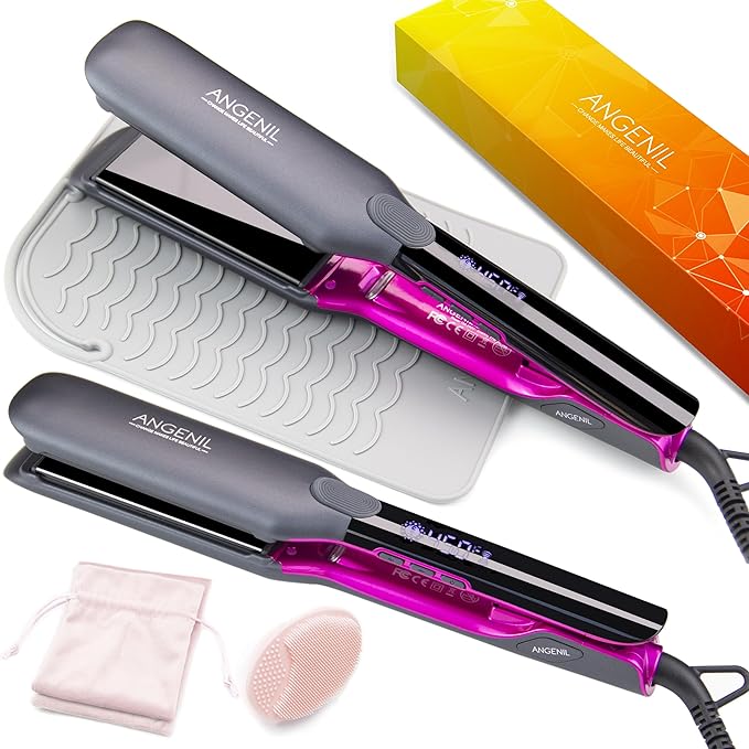 ANGENIL Hair Straightening Iron, 1.75 Inch Wide Flat Iron, 2 in 1 Straightener and Curler, Professtional Straightening Flat for Women Long Hair Thick Hair Wigs, Anti-Scald, LCD, 15S Fast Heating