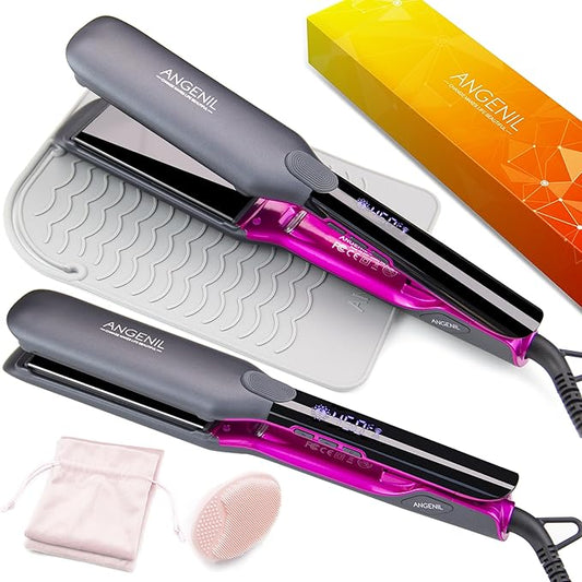 ANGENIL Hair Straightening Iron, 1.75 Inch Wide Flat Iron, 2 in 1 Straightener and Curler, Professtional Straightening Flat for Women Long Hair Thick Hair Wigs, Anti-Scald, LCD, 15S Fast Heating