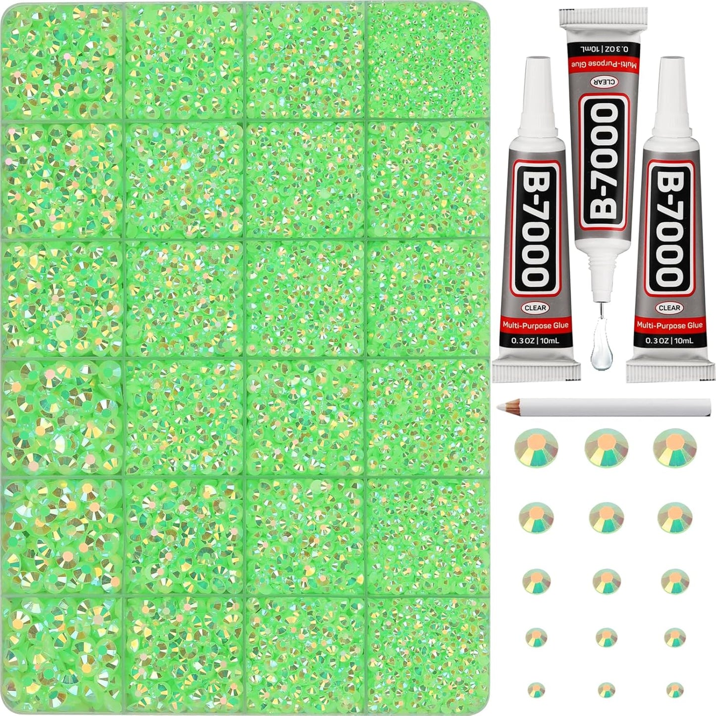 30000Pcs Resin Jelly Rhinestones Set for Crafting Bedazzling, Neon Lime Green AB Flatback Gems Jewels for Crafts Clothes Shoes Fabric Outfit Makeup, Flat Back Crystal 2-6mm with b 7000 Glue