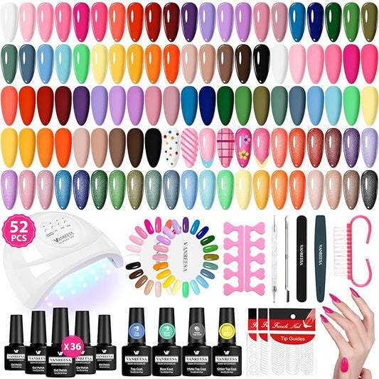 VANREESA Gel Nail Polish Kit with U V Light 52 Pcs Gel Polish Nail Set 36 Popular Colors Nail Polish Set + Base and 3 Effects Top Coat with Manicure Tools Complete Nail Kit Gifts for Women Girls